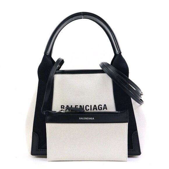 Auth BALENCIAGA Navy Cabas Handbag Black/Off White Canvas/Leather - Picture 1 of 15